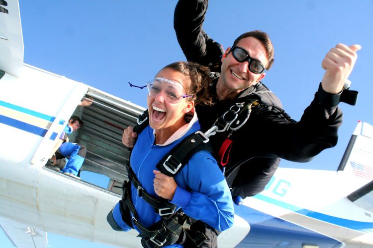 An AltaVista guest skydives as a tandem with an experienced instructor